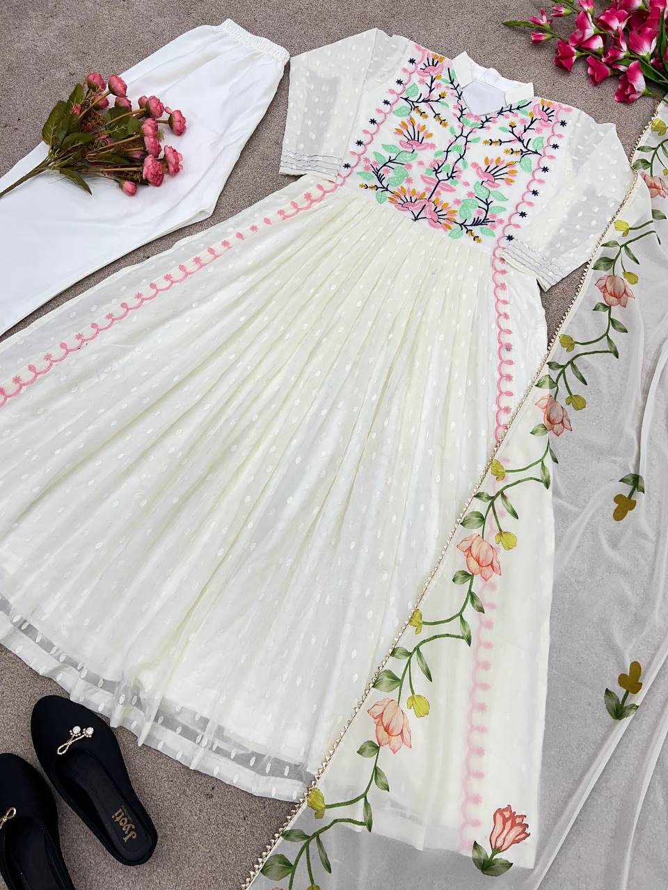 Stunning White Color Multi Thread Work Kurti Set