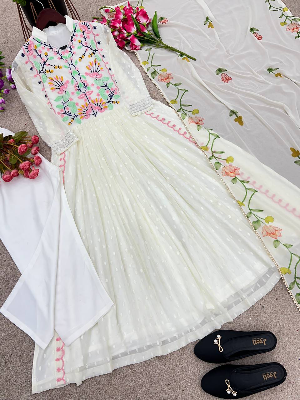 Stunning White Color Multi Thread Work Kurti Set