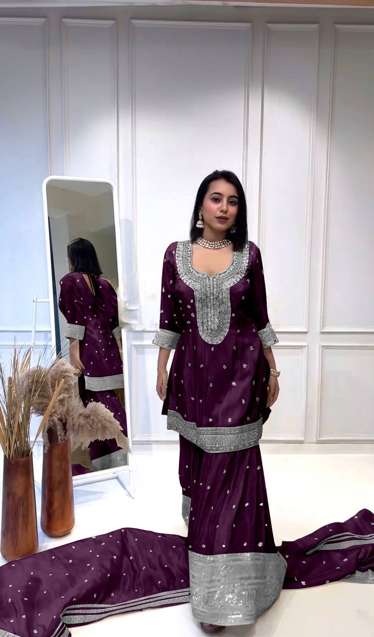 Exclusive Embroidery Work Purple Color Sharara Suit