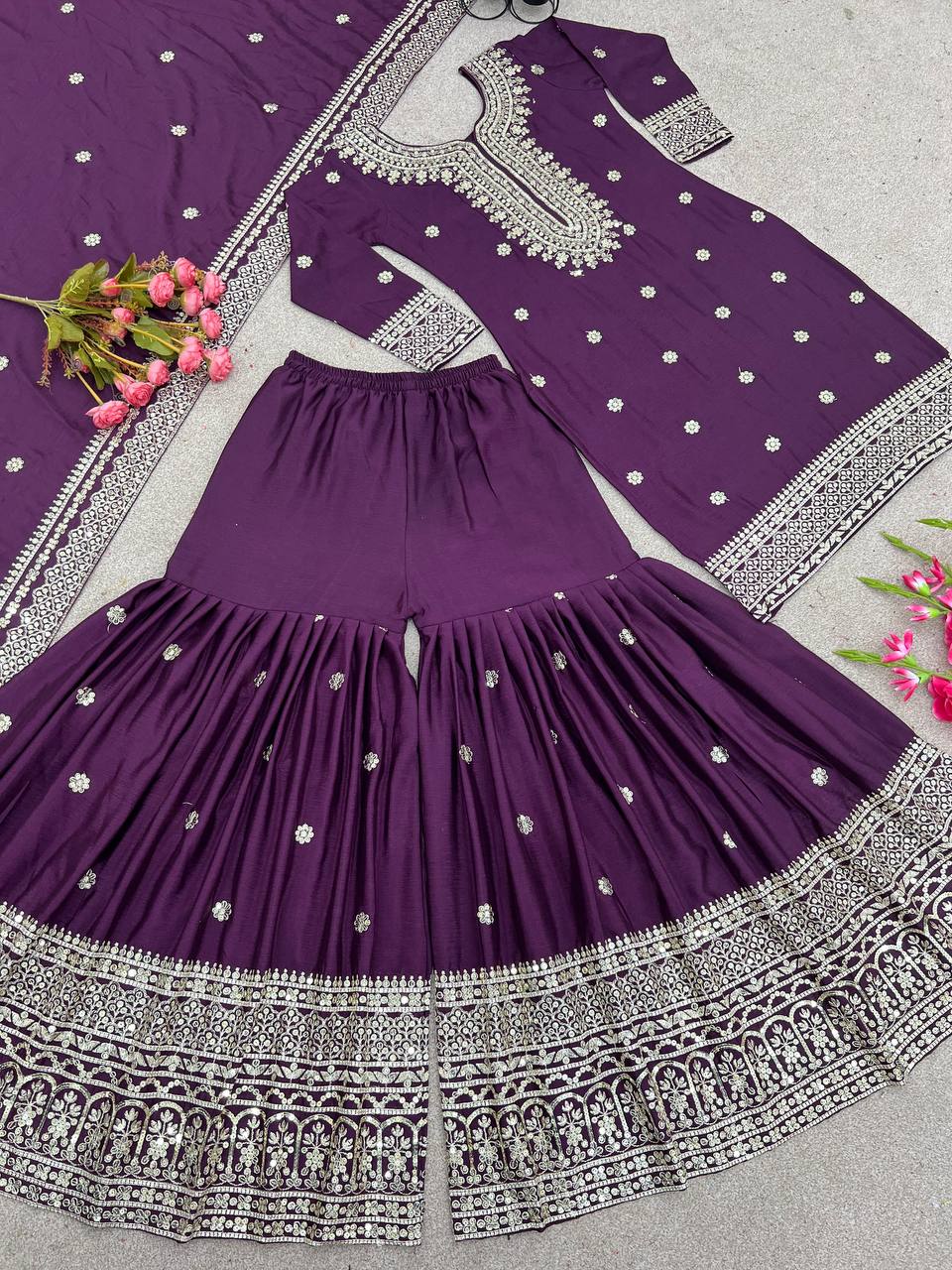Exclusive Embroidery Work Purple Color Sharara Suit
