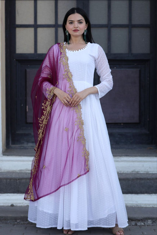Admiring White Color Gown With Wine Dupatta