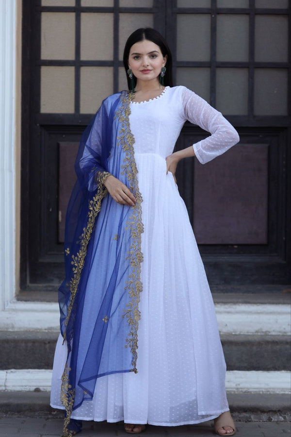Admiring Blue Color Gown With Yellow Dupatta