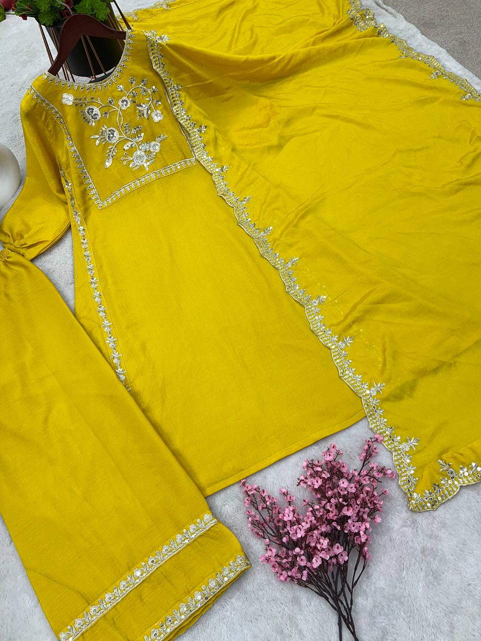 Bollywood Style Yellow Color Hina Khan Wear Palazzo Suit