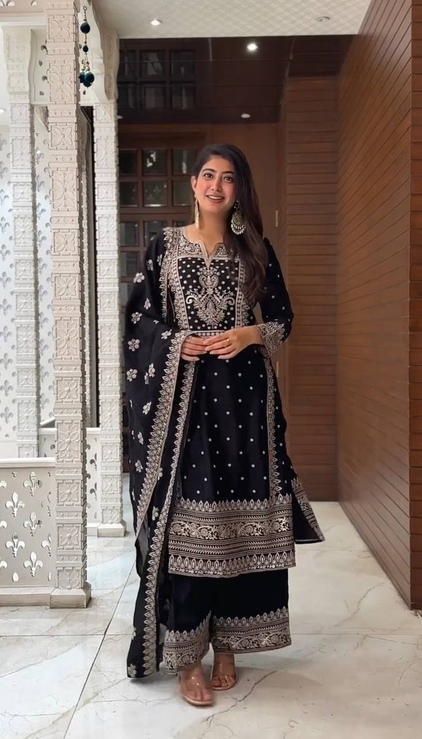 Graceful Embroidery Work Black Color Palazzo Suit