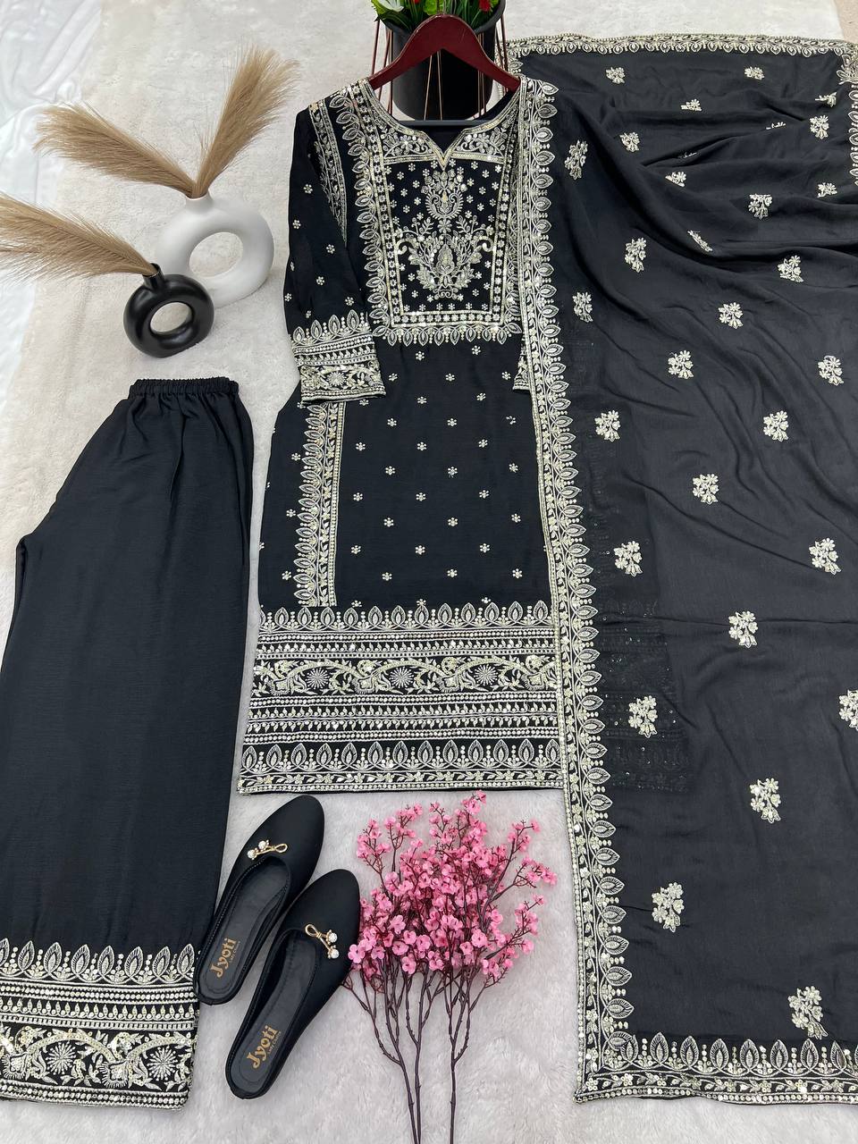 Graceful Embroidery Work Black Color Palazzo Suit
