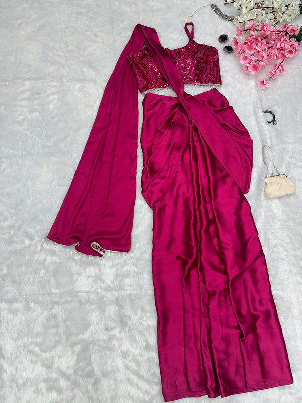 Fancy Ready To Wear Dark Pink Color Western Saree