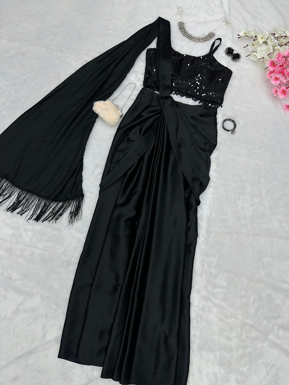 Fancy Ready To Wear Black Color Western Saree