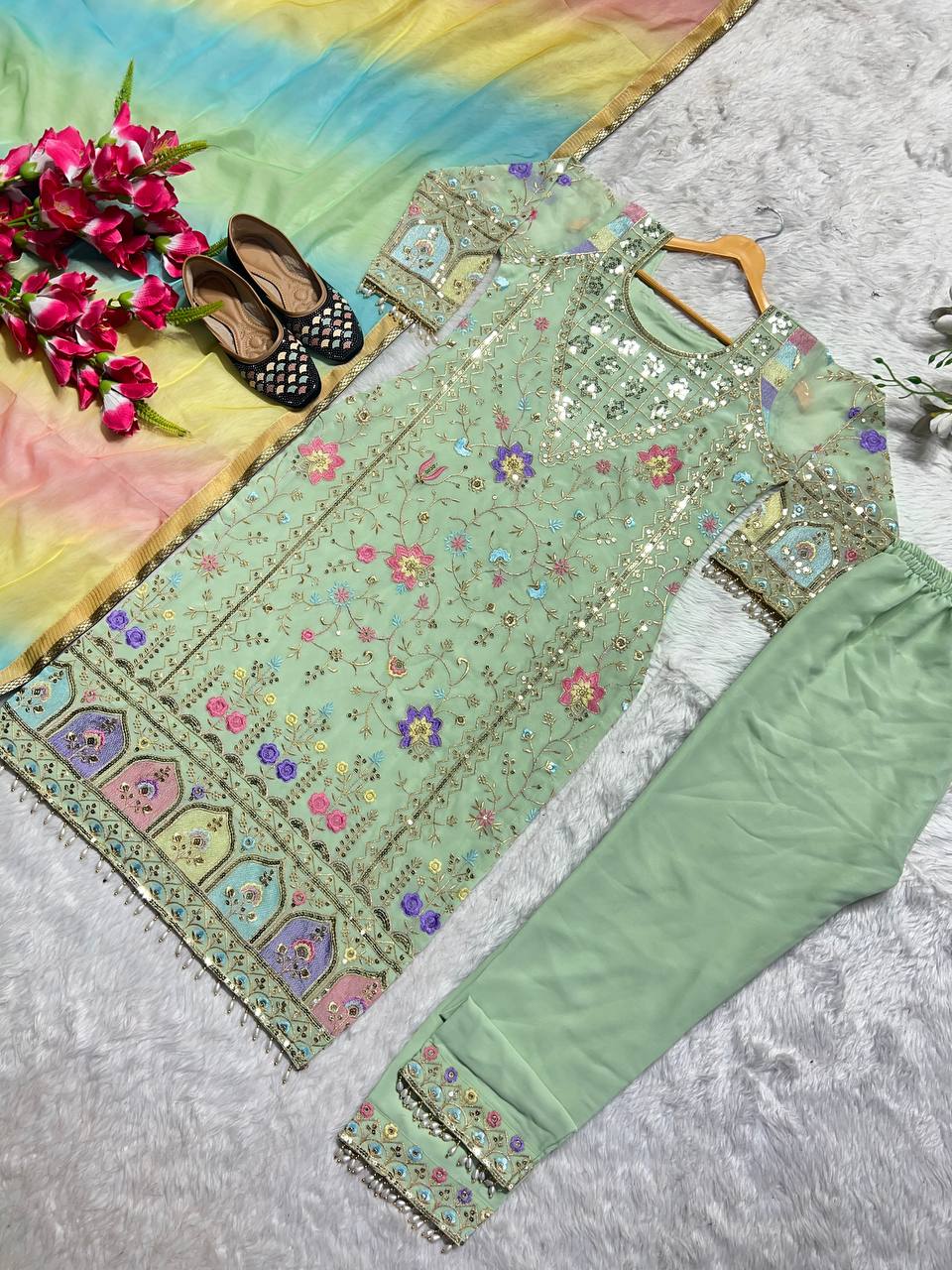 Pista Green Color Salwar Suit With Organza Multi Dupatta