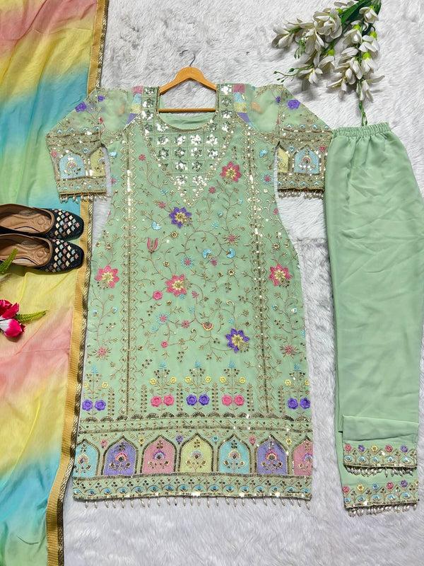 Pista Green Color Salwar Suit With Organza Multi Dupatta