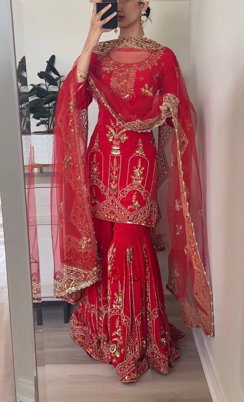 Marvelous Embroidery Work Red Color Sharara Suit