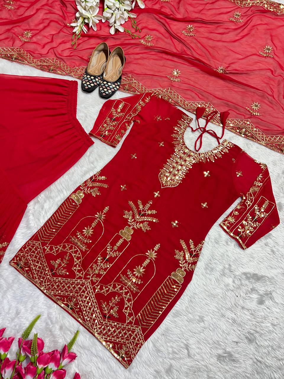 Marvelous Embroidery Work Red Color Sharara Suit