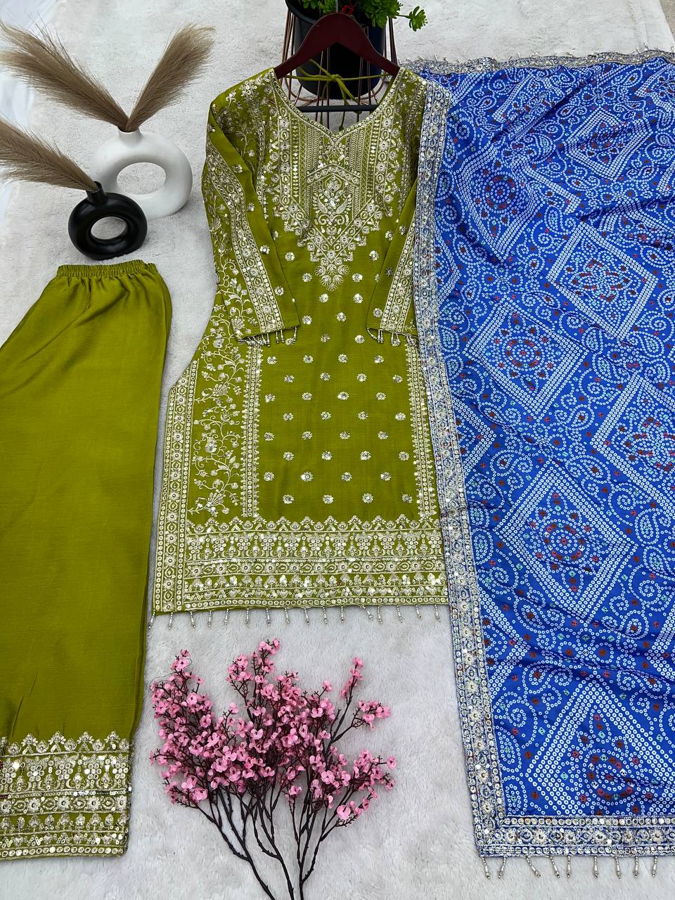 Parrot Green Work Palazzo Suit With Bandhani Dupatta