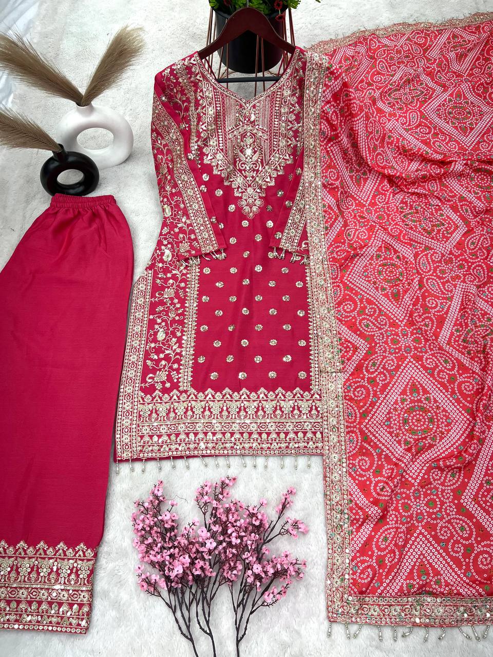 Pink Color Work Palazzo Suit With Bandhani Dupatta