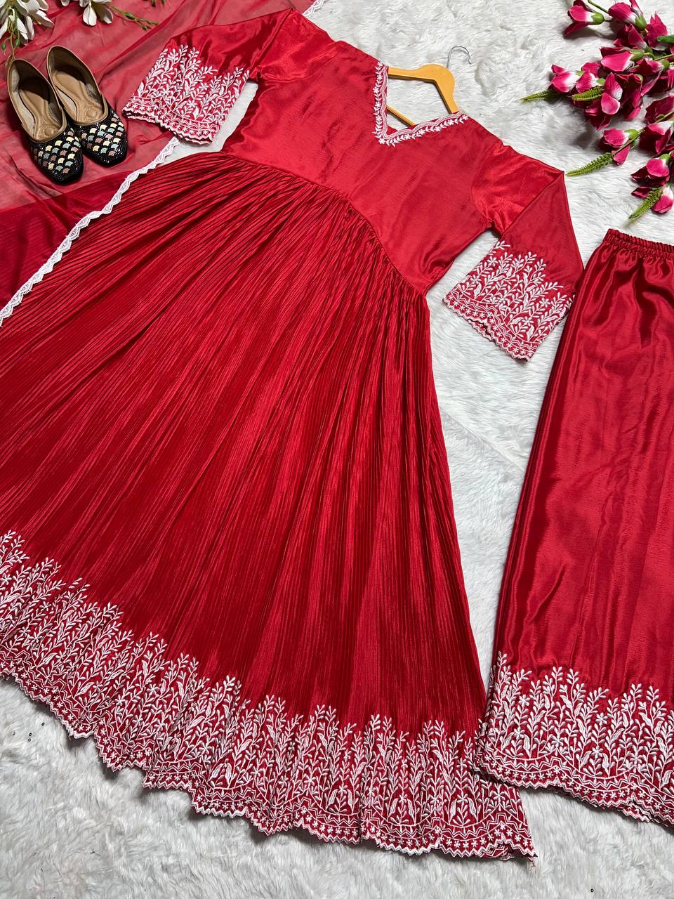 Crush With Work Red Color Anarkali Suit With Palazzo
