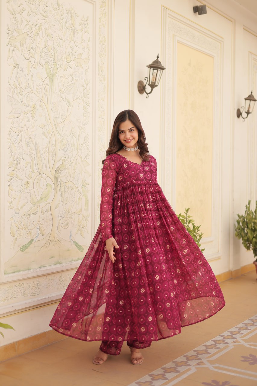 Festive Wear Pink Color Foil Print Gown With Palazzo