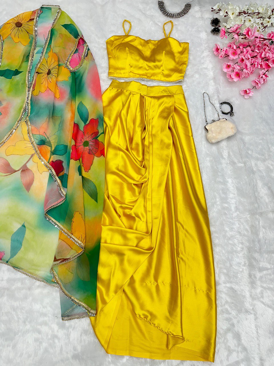 Fashionable Yellow Color Dhoti Top With Multi Print Shrug
