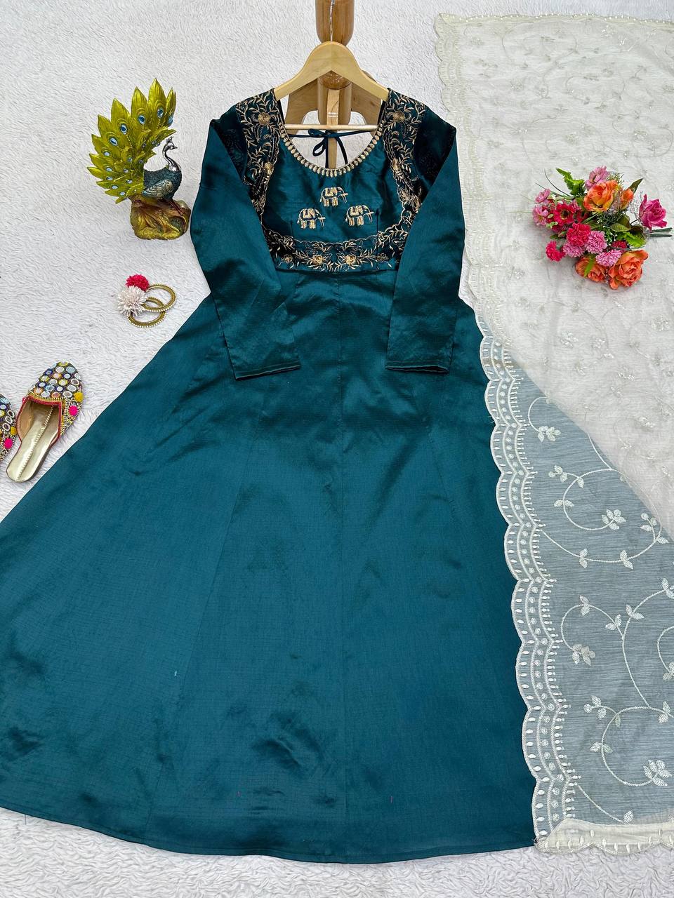 Kinjal Dave Wear Teal Blue Color Gown With Dupatta