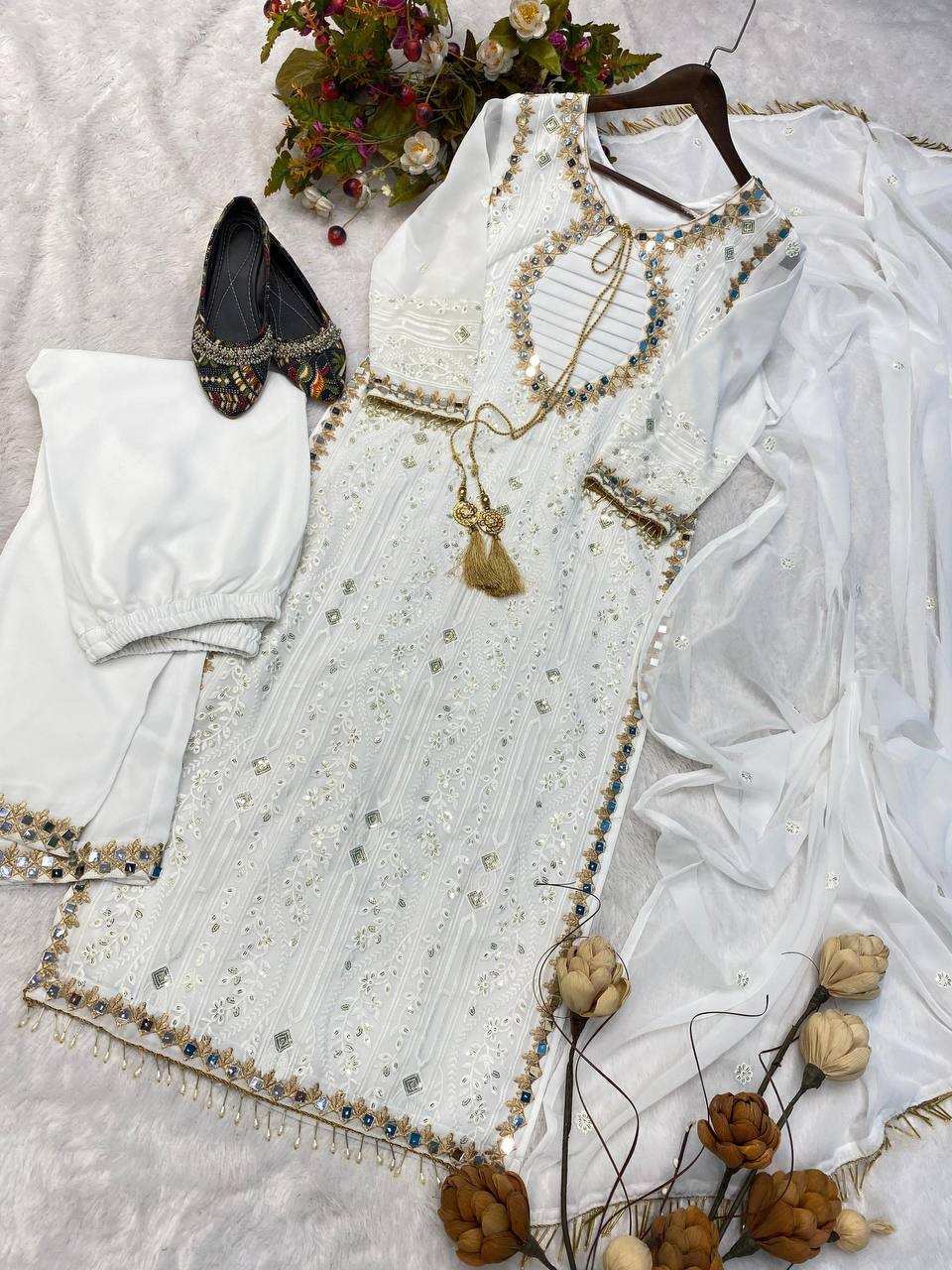 Trendy White Color Mirror Embroidery Work Salwar Suit