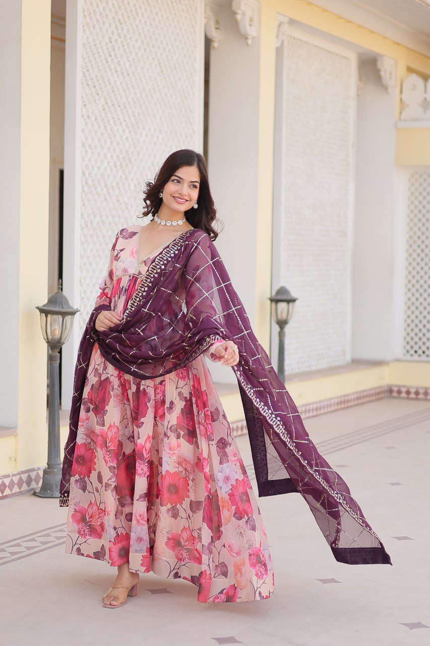 Trendy Digital Print Pink Color Gown With Wine Dupatta