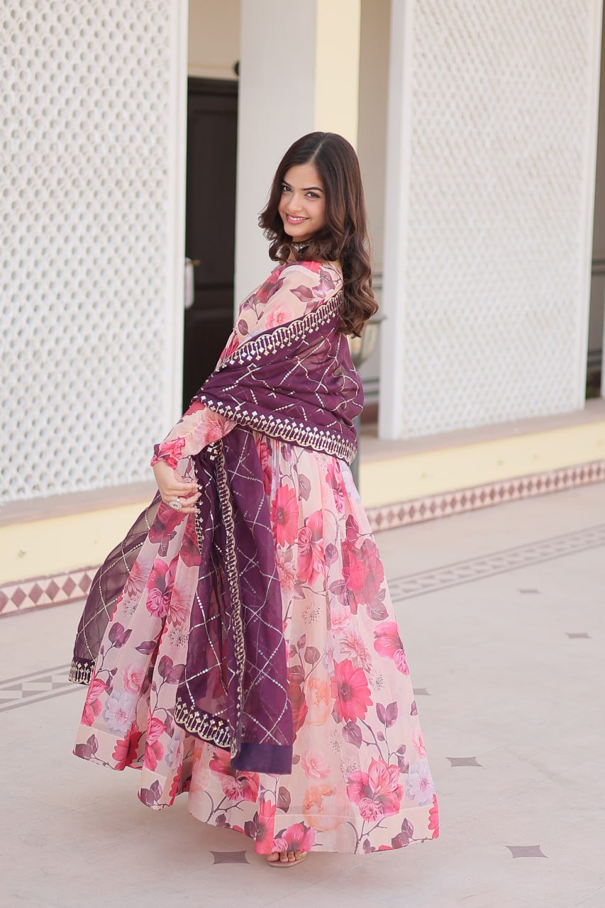 Trendy Digital Print Pink Color Gown With Wine Dupatta
