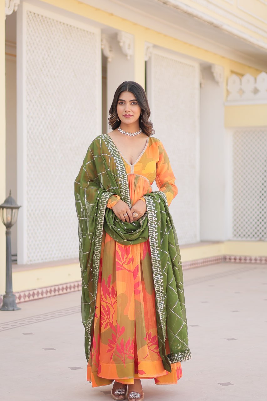 Trendy Digital Print Orange Color Gown With Green Dupatta