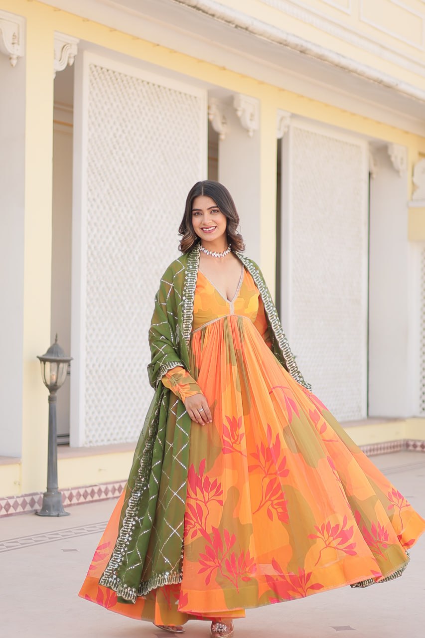 Trendy Digital Print Orange Color Gown With Green Dupatta