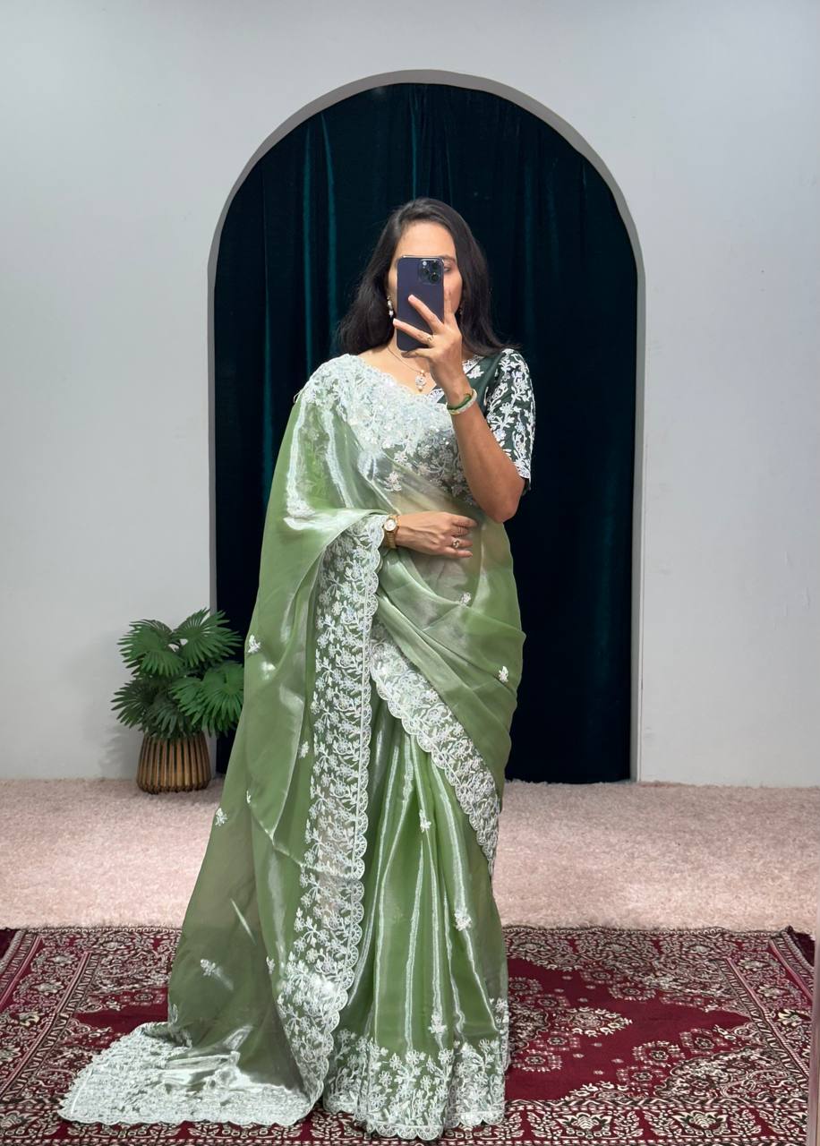 Mesmerizing Thread Work Pista Green Color Saree