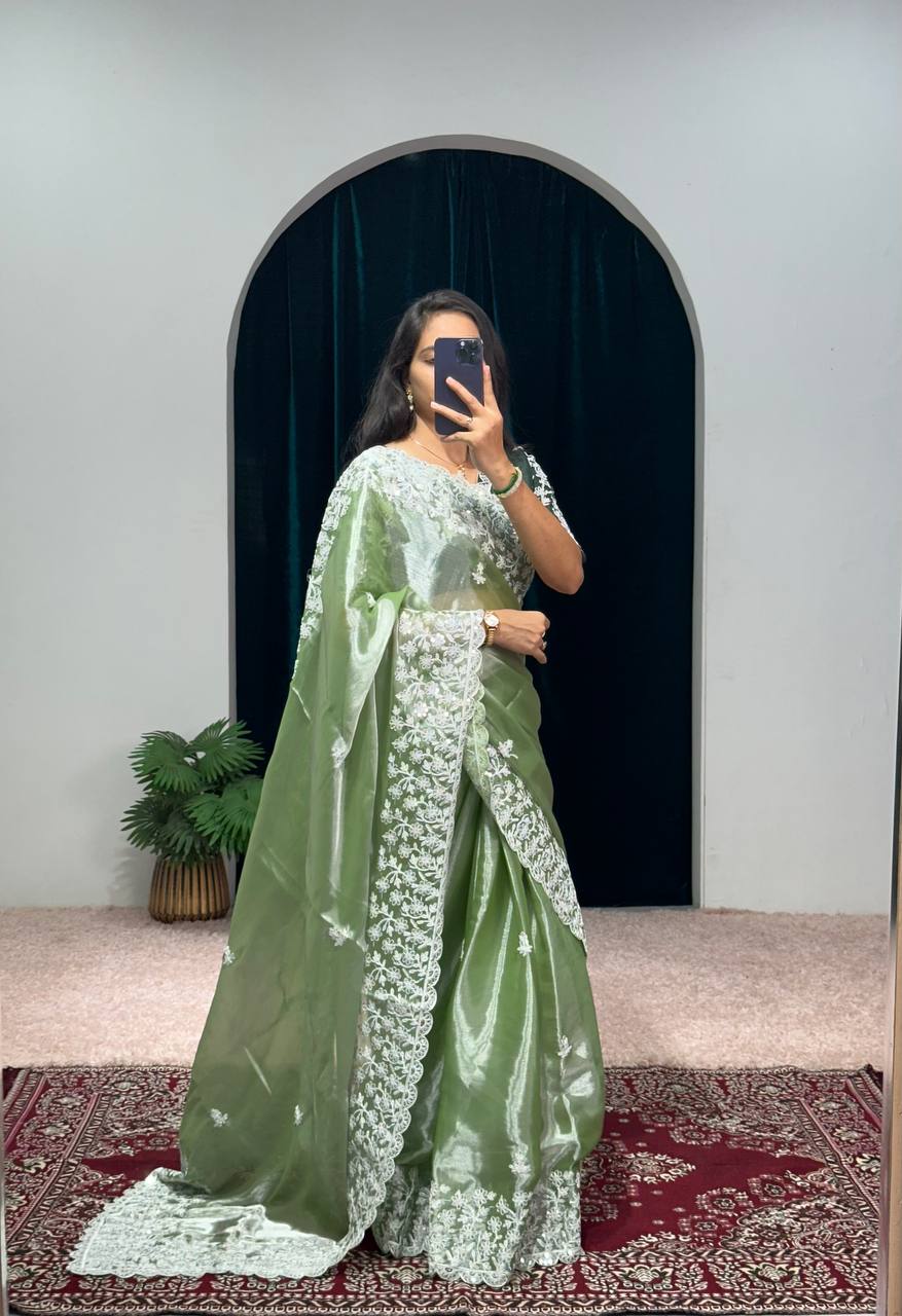 Mesmerizing Thread Work Pista Green Color Saree