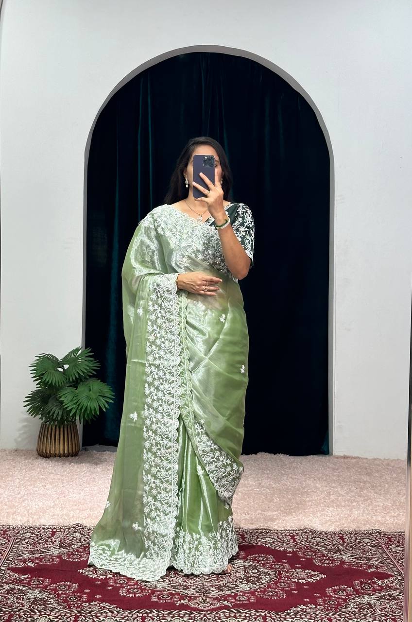 Mesmerizing Thread Work Pista Green Color Saree