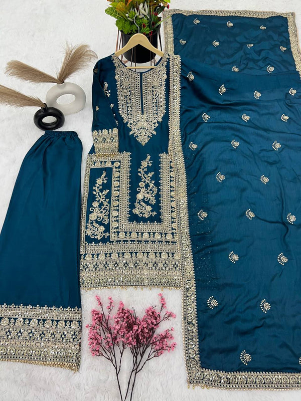 Awesome Teal Blue Color Embroidery Work Palazzo Suit