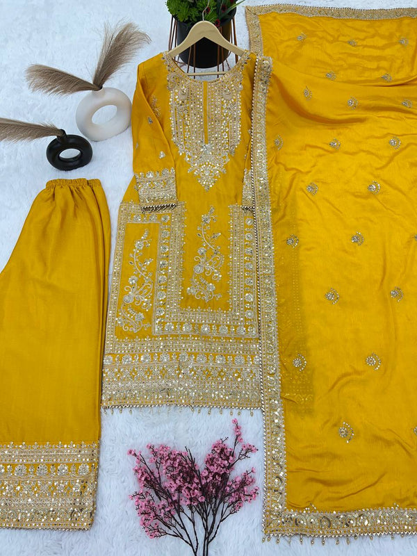 Awesome Mustard Color Embroidery Work Palazzo Suit