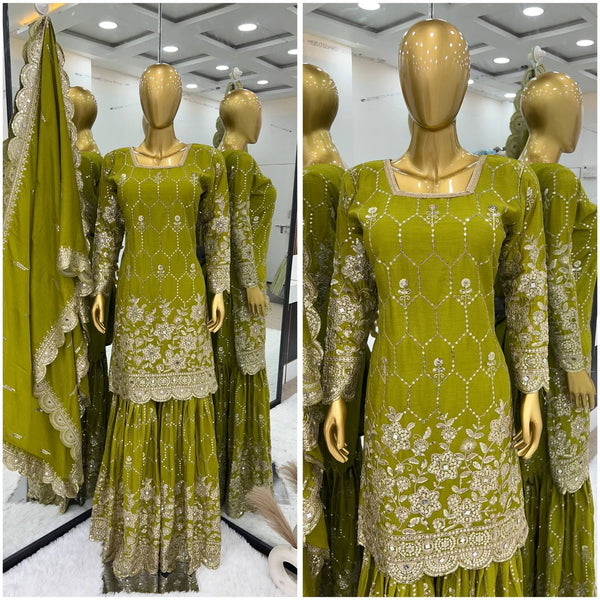 Stylish Green Color Embroidery Mirror Work Sharara Suit