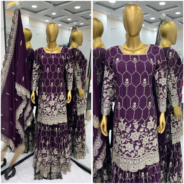 Stylish Purple Color Embroidery Mirror Work Sharara Suit