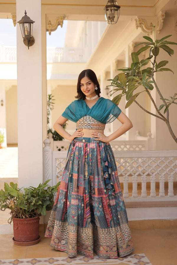 Stylish Digital Print Sky Blue Lehenga With Crop Top