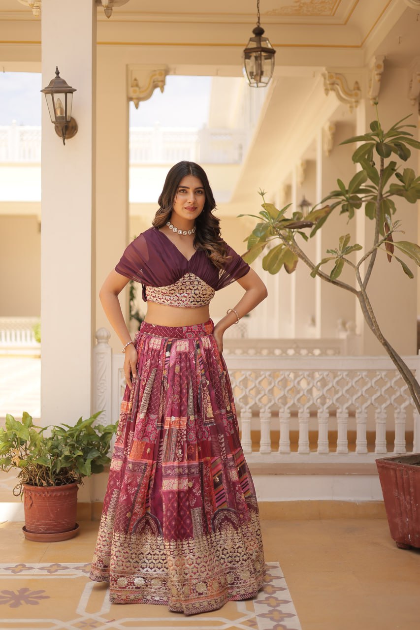 Stylish Digital Print Wine Lehenga With Crop Top