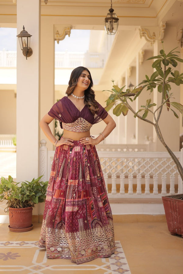 Stylish Digital Print Wine Lehenga With Crop Top