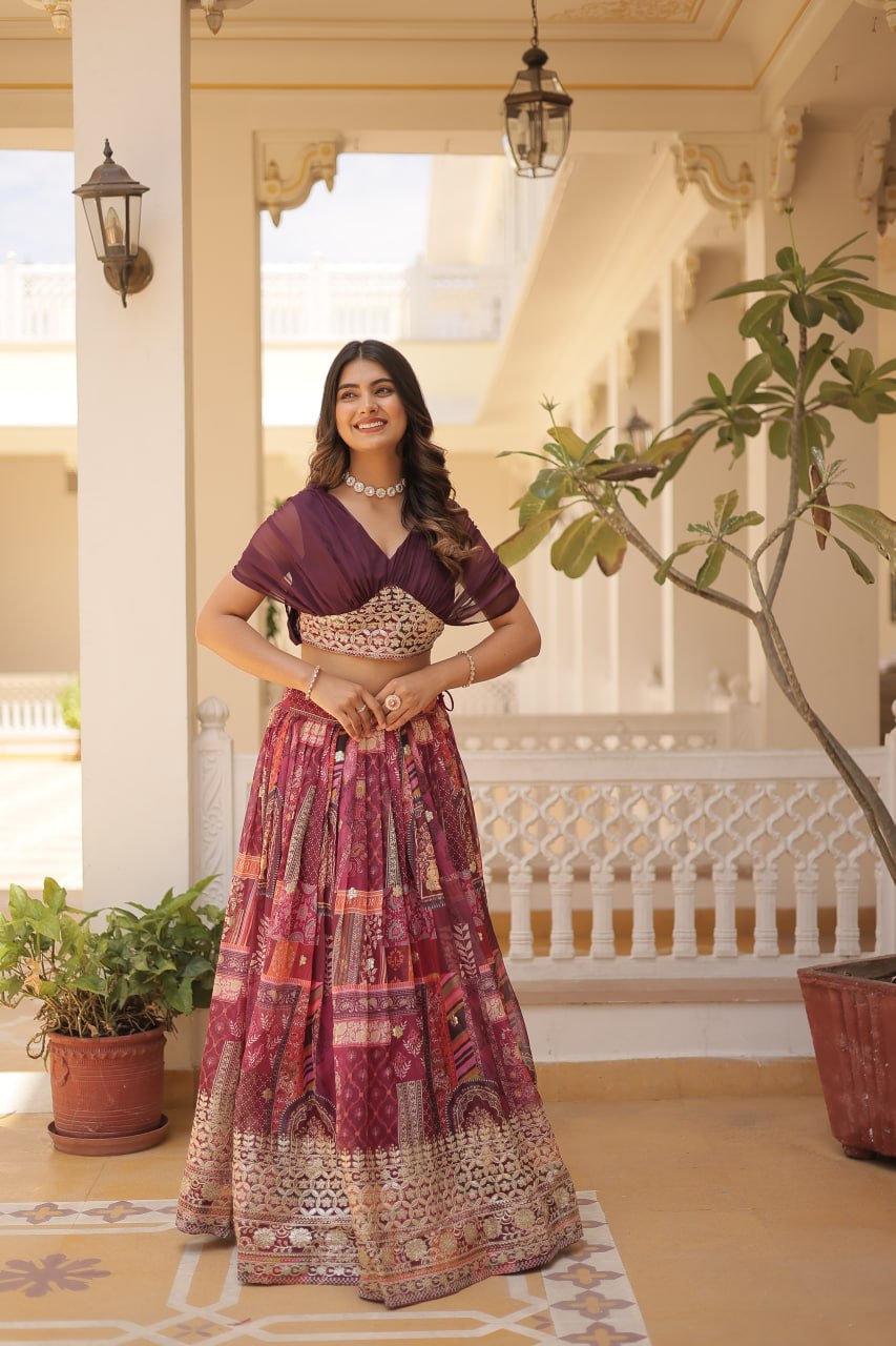 Stylish Digital Print Wine Lehenga With Crop Top