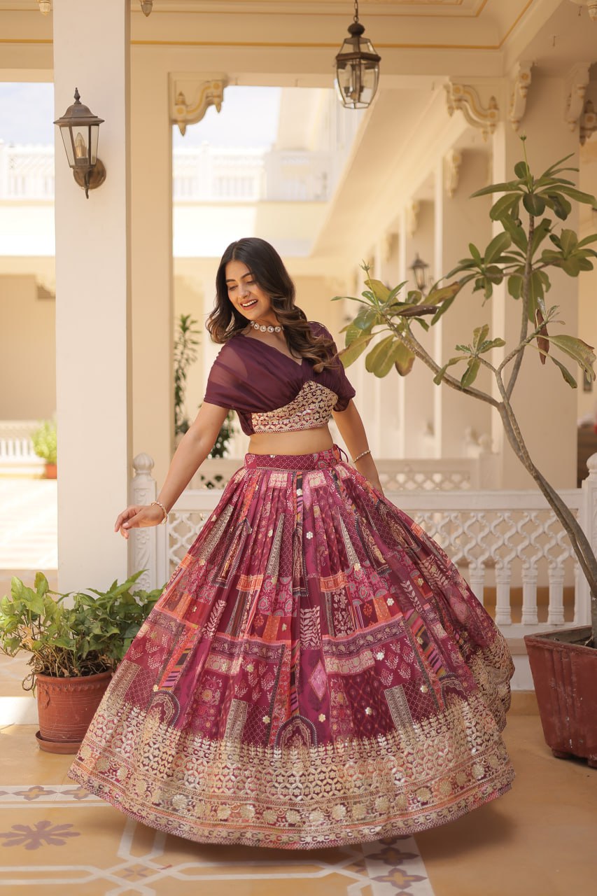 Stylish Digital Print Wine Lehenga With Crop Top