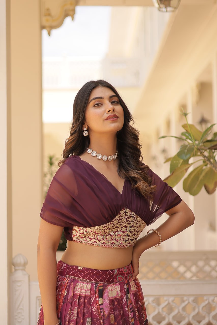 Stylish Digital Print Wine Lehenga With Crop Top