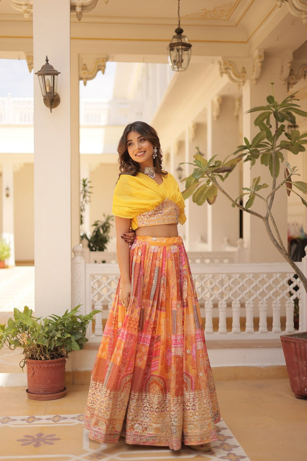 Stylish Digital Print Yellow Lehenga With Crop Top