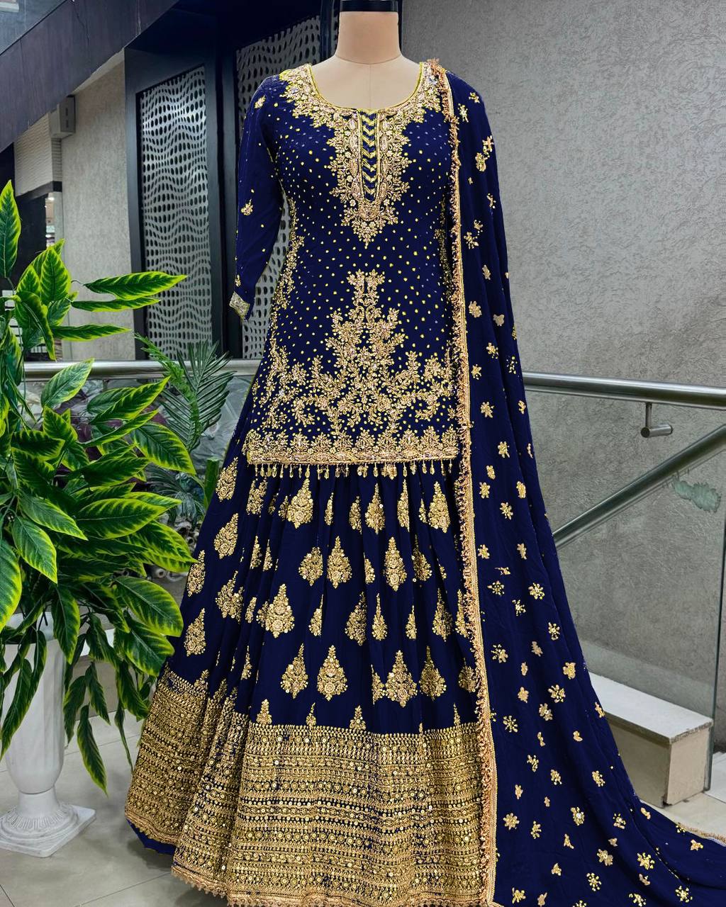 Ceremony Wear Embroidery Work Navy Blue Color Lehenga With Top