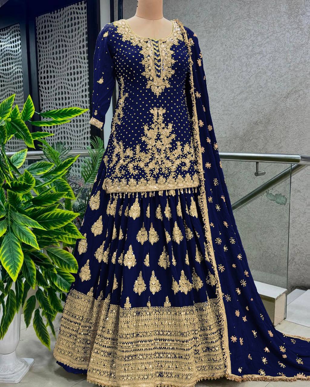 Ceremony Wear Embroidery Work Navy Blue Color Lehenga With Top