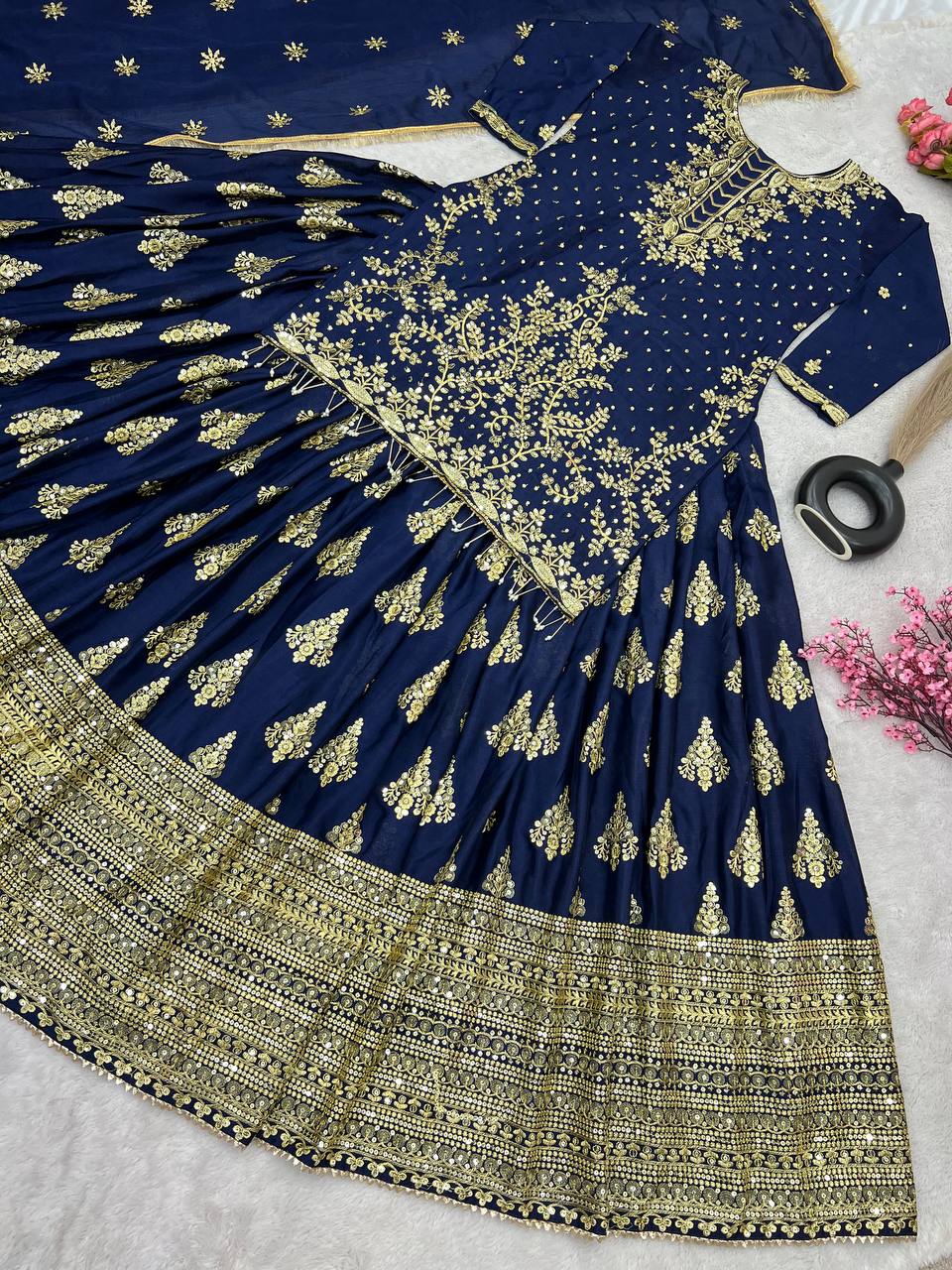 Ceremony Wear Embroidery Work Navy Blue Color Lehenga With Top