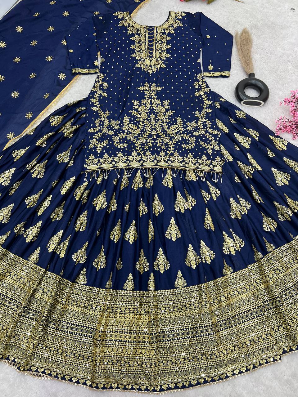 Ceremony Wear Embroidery Work Navy Blue Color Lehenga With Top