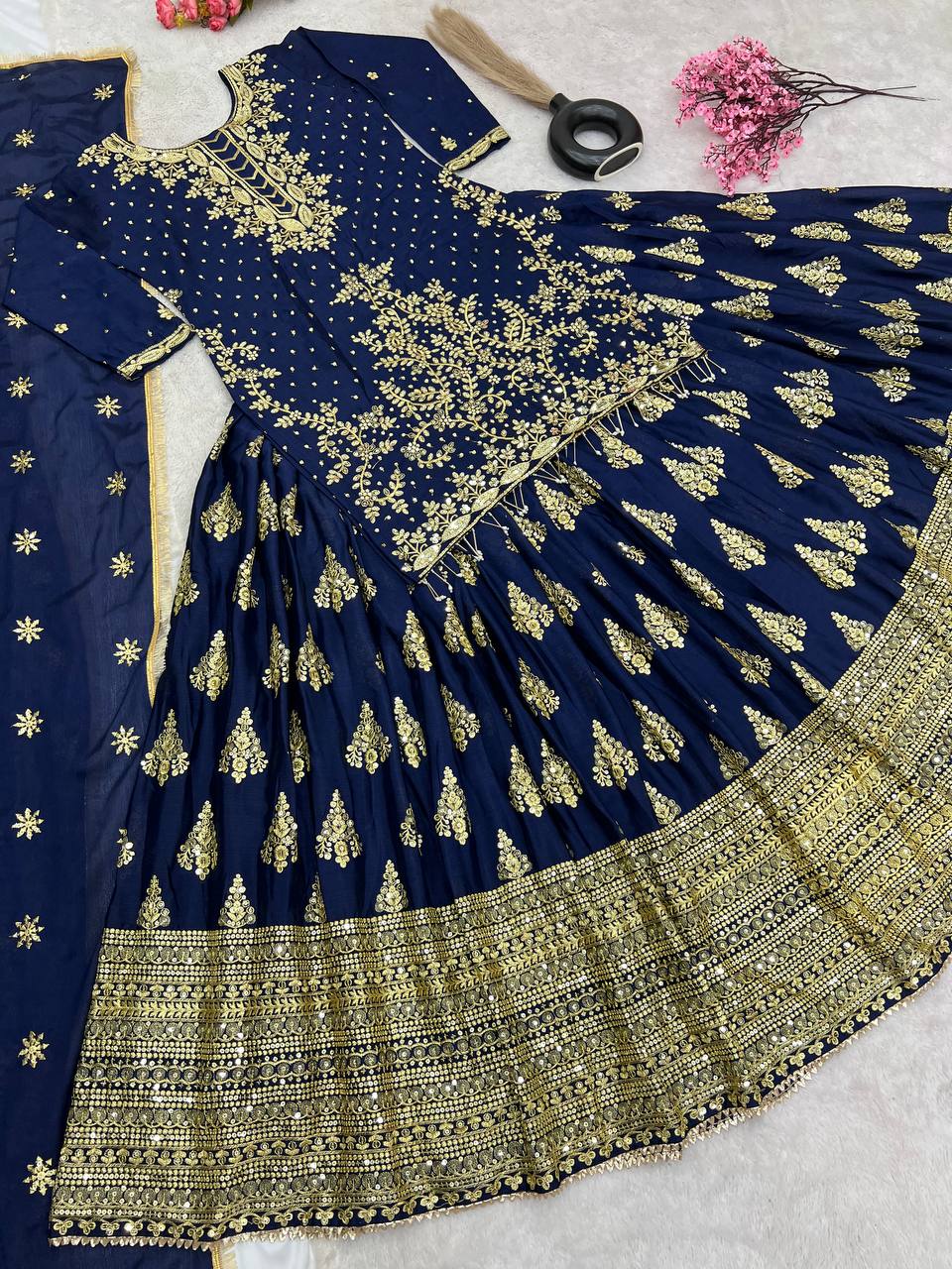 Ceremony Wear Embroidery Work Navy Blue Color Lehenga With Top