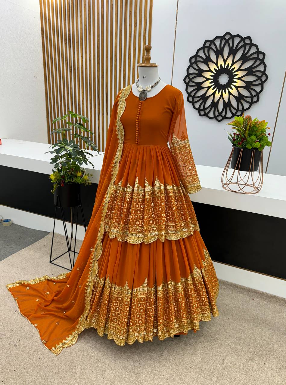 Orange Color Ceremony Wear Lehenga With Top