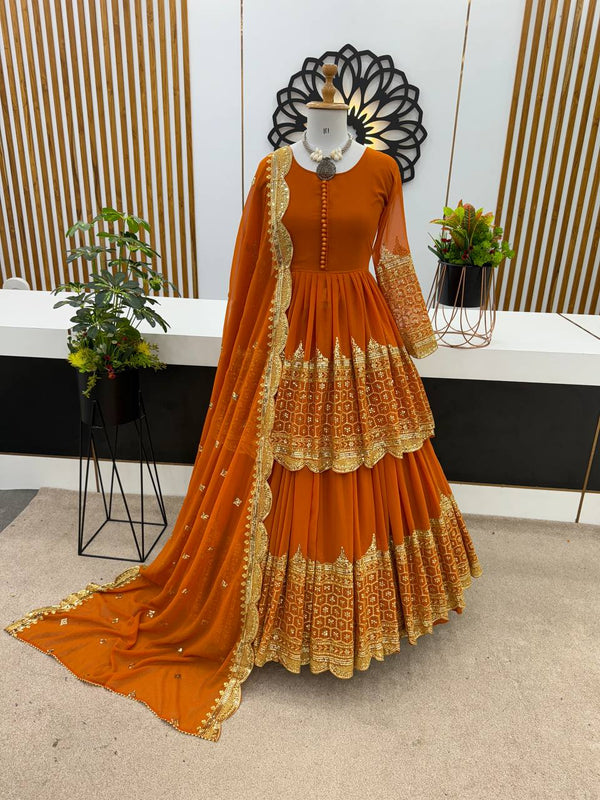 Orange Color Ceremony Wear Lehenga With Top