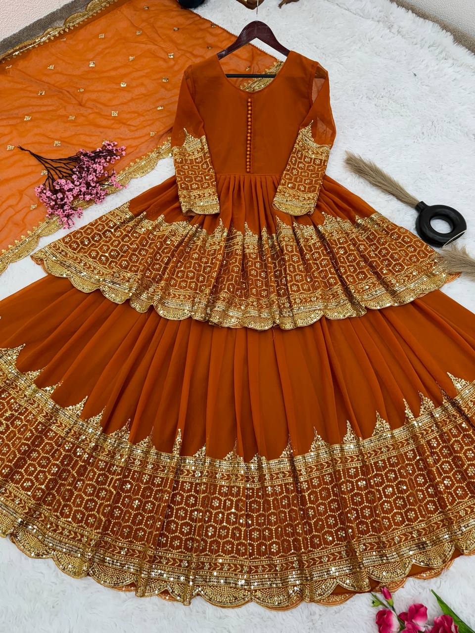 Orange Color Ceremony Wear Lehenga With Top