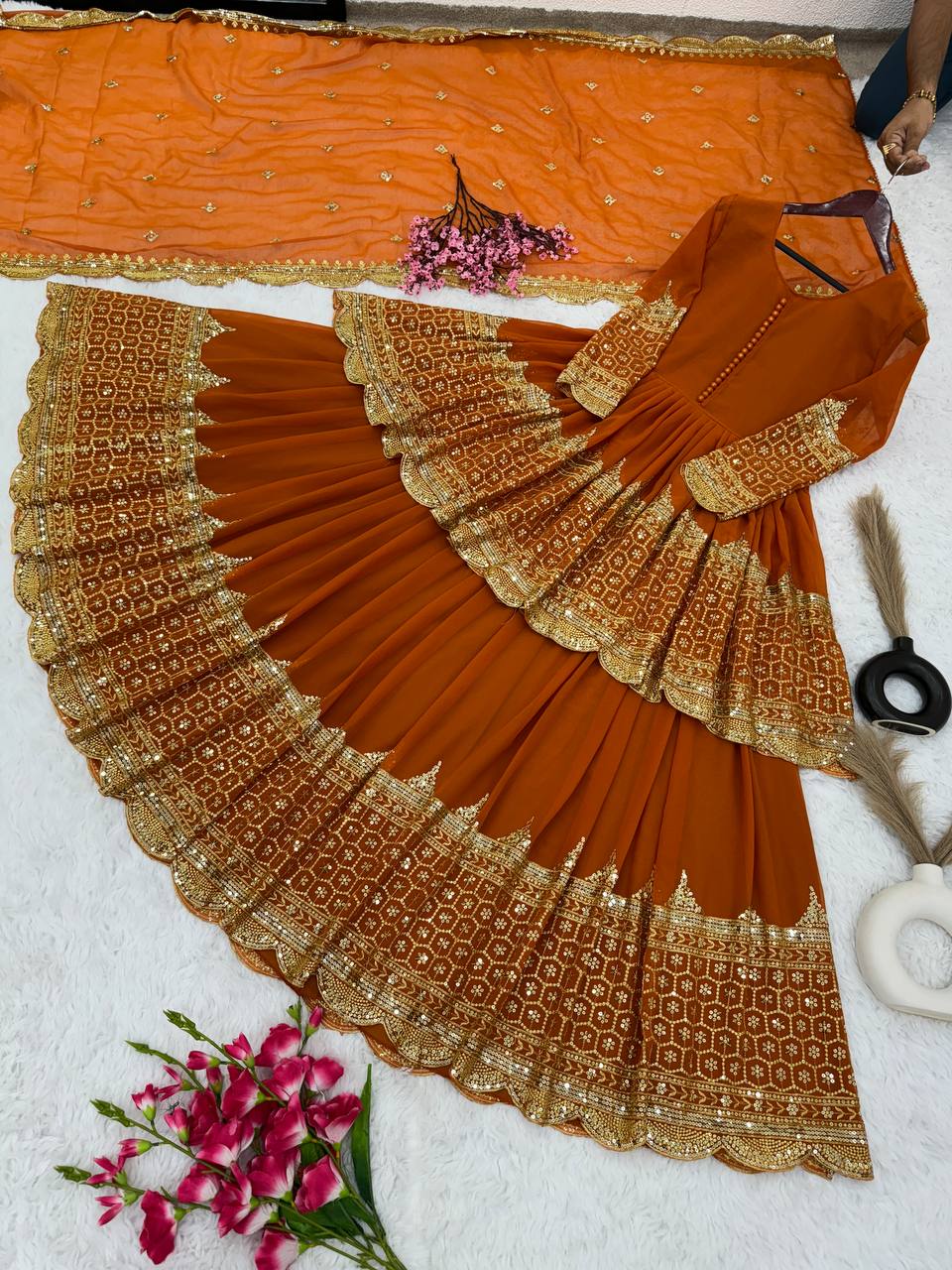 Orange Color Ceremony Wear Lehenga With Top