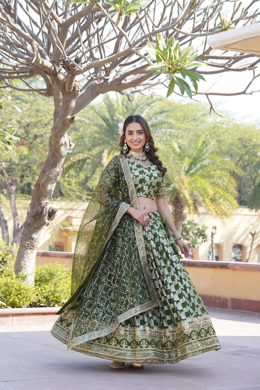 Flattering Green Color Jacquard Embroidered Lehenga Choli